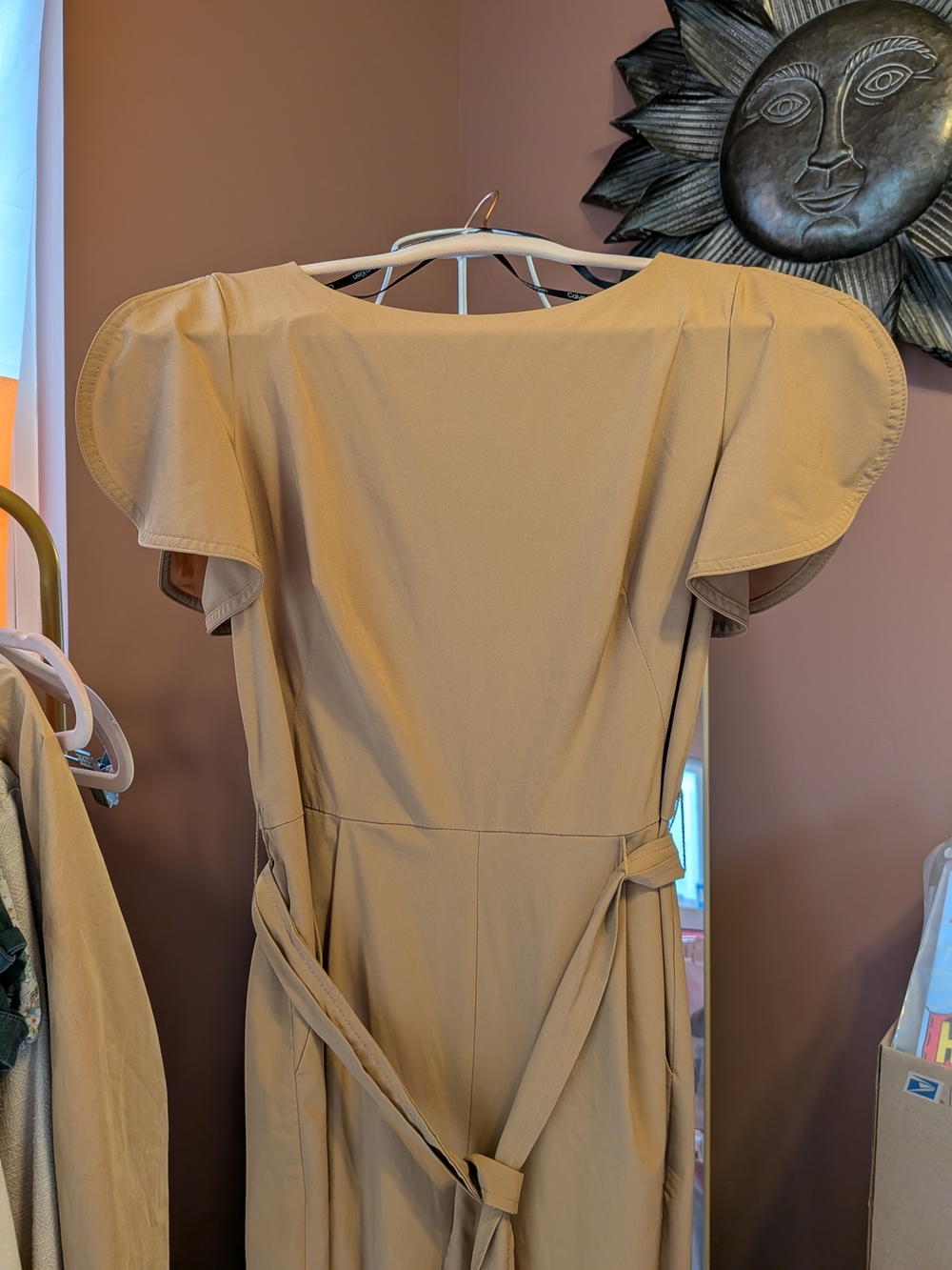 Calvin Klein Belted Tulip-Sleeve Jumpsuit Beige
